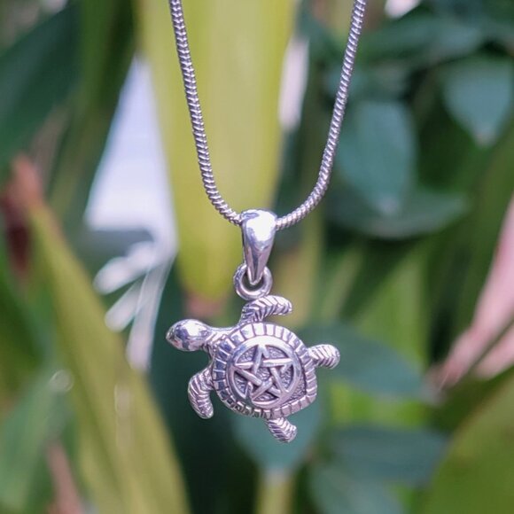 Sea Turtle with Pentacle Shell Protection Spiritual Sterling Silver Pendant - Picture 2 of 4